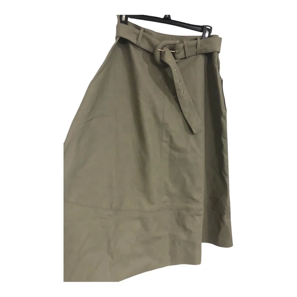 Haute Monde olive green leather look fit and flare belted skirt size large new‎